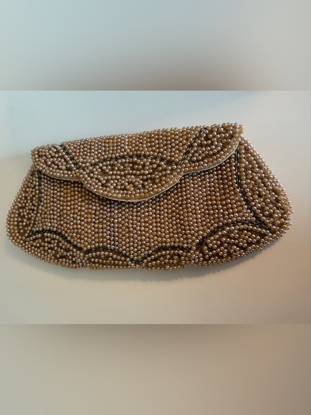 BEAUTIFUL Pearl-Embellished Champagne Clutch - Women's Evening Bag VINTAGE - Picture 2 of 9